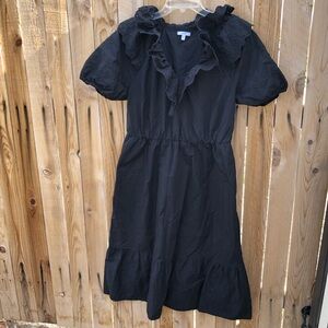 The GET Womens Black Eyelet Puff-Sleeve Ruffle Neckline Dress Cotton  Medium